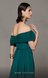 MNM Couture N0627 green gown with asymmetrical sweetheart design and sweeping train | Couture Shop LA