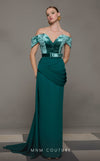 MNM Couture N0628 green corset gown with off-shoulder cap sleeves and layered velvet train. | Couture Shop LA