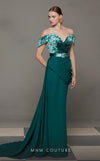 MNM Couture N0628 green corset gown with off-shoulder cap sleeves and layered velvet train. | Couture Shop LA