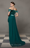 MNM Couture N0628 green corset gown with off-shoulder cap sleeves and layered velvet train. | Couture Shop LA