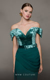 MNM Couture N0628 green corset gown with off-shoulder cap sleeves and layered velvet train. | Couture Shop LA