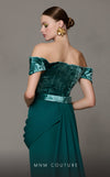 MNM Couture N0628 green corset gown with off-shoulder cap sleeves and layered velvet train. | Couture Shop LA