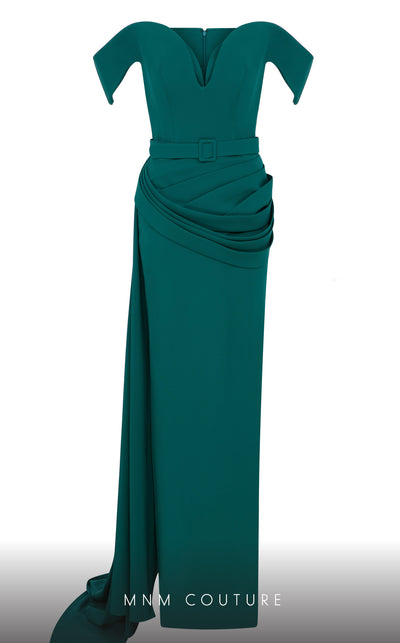 MNM Couture N0628A green rayon crepe gown with sweetheart bodice and cap off-shoulder sleeves. | Couture Shop LA