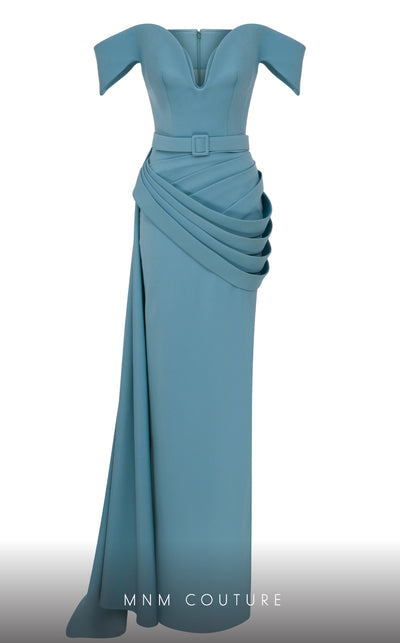 MNM Couture N0628A green rayon crepe gown with sweetheart bodice and cap off-shoulder sleeves. | Couture Shop LA