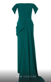 MNM Couture N0628A green rayon crepe gown with sweetheart bodice and cap off-shoulder sleeves. | Couture Shop LA