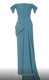 MNM Couture N0628A green rayon crepe gown with sweetheart bodice and cap off-shoulder sleeves. | Couture Shop LA