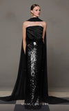 MNM Couture N0629A black velvet gown with sequined skirt and a flowing organza scarf. | Couture Shop LA