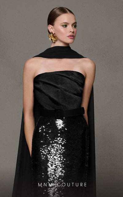 MNM Couture N0629A black velvet gown with sequined skirt and a flowing organza scarf. | Couture Shop LA