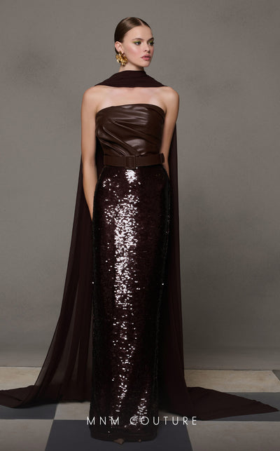MNM Couture N0629 brown leather dress with sequin skirt and organza scarf accent. | Couture Shop LA
