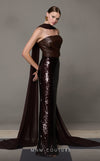 MNM Couture N0629 brown leather dress with sequin skirt and organza scarf accent. | Couture Shop LA