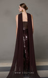 MNM Couture N0629 brown leather dress with sequin skirt and organza scarf accent. | Couture Shop LA