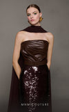 MNM Couture N0629 brown leather dress with sequin skirt and organza scarf accent. | Couture Shop LA