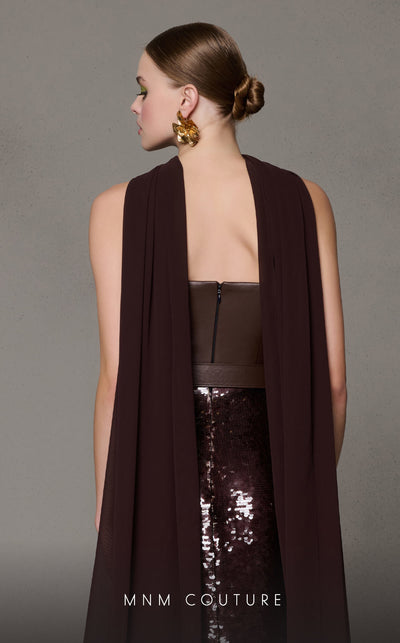 MNM Couture N0629 brown leather dress with sequin skirt and organza scarf accent. | Couture Shop LA