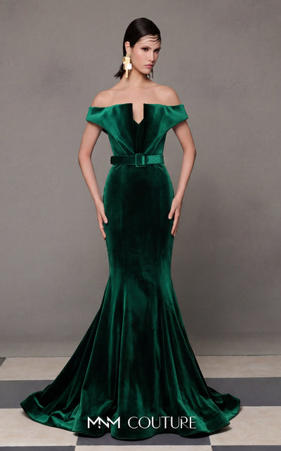 MNM Couture N0630A green and pink velvet gown with mermaid silhouette and dramatic train. | Couture Shop LA