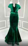 MNM Couture N0630A green and pink velvet gown with mermaid silhouette and dramatic train. | Couture Shop LA