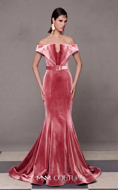 MNM Couture N0630A green and pink velvet gown with mermaid silhouette and dramatic train. | Couture Shop LA