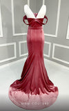 MNM Couture N0630A green and pink velvet gown with mermaid silhouette and dramatic train. | Couture Shop LA