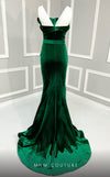 MNM Couture N0630A green and pink velvet gown with mermaid silhouette and dramatic train. | Couture Shop LA