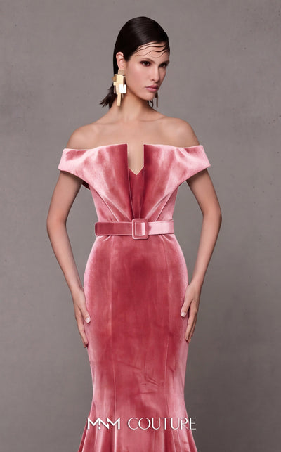 MNM Couture N0630A green and pink velvet gown with mermaid silhouette and dramatic train. | Couture Shop LA