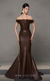 MNM Couture N0630 brown leather mermaid gown with pleated bust and sweeping train. | Couture Shop LA