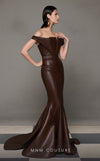 MNM Couture N0630 brown leather mermaid gown with pleated bust and sweeping train. | Couture Shop LA