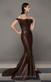 MNM Couture N0630 brown leather mermaid gown with pleated bust and sweeping train. | Couture Shop LA