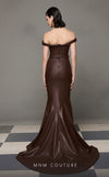 MNM Couture N0630 brown leather mermaid gown with pleated bust and sweeping train. | Couture Shop LA