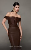 MNM Couture N0630 brown leather mermaid gown with pleated bust and sweeping train. | Couture Shop LA