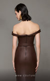 MNM Couture N0630 brown leather mermaid gown with pleated bust and sweeping train. | Couture Shop LA