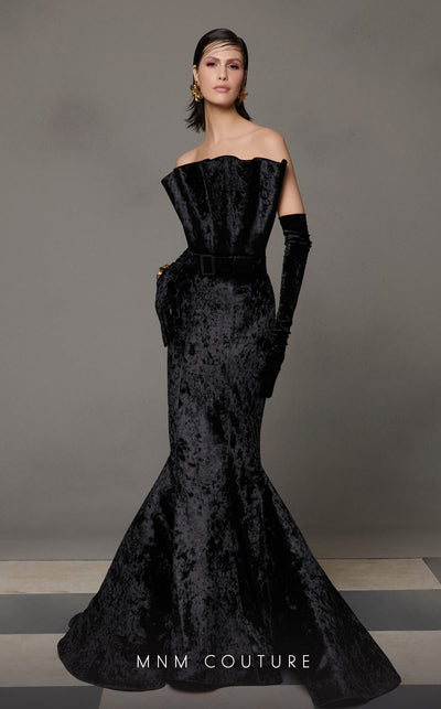 MNM Couture N0631 green and black velvet gown with pleated mermaid silhouette, matched with luxe gloves. | Couture Shop LA