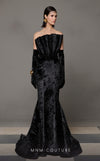 MNM Couture N0631 green and black velvet gown with pleated mermaid silhouette, matched with luxe gloves. | Couture Shop LA