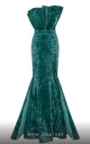 MNM Couture N0631 green and black velvet gown with pleated mermaid silhouette, matched with luxe gloves. | Couture Shop LA