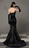 MNM Couture N0631 green and black velvet gown with pleated mermaid silhouette, matched with luxe gloves. | Couture Shop LA