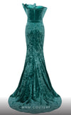 MNM Couture N0631 green and black velvet gown with pleated mermaid silhouette, matched with luxe gloves. | Couture Shop LA