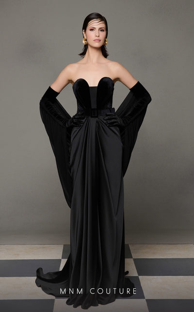 MNM Couture N0634 black, olive, and burgundy velvet gown with pleated waistline, gloves, and flowing cape. | Couture Shop LA