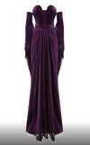 MNM Couture N0634 black, olive, and burgundy velvet gown with pleated waistline, gloves, and flowing cape. | Couture Shop LA