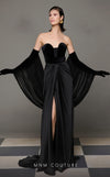 MNM Couture N0634 black, olive, and burgundy velvet gown with pleated waistline, gloves, and flowing cape. | Couture Shop LA