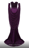 MNM Couture N0634 black, olive, and burgundy velvet gown with pleated waistline, gloves, and flowing cape. | Couture Shop LA