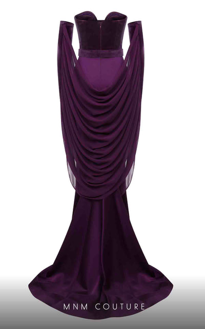 MNM Couture N0634 black, olive, and burgundy velvet gown with pleated waistline, gloves, and flowing cape. | Couture Shop LA