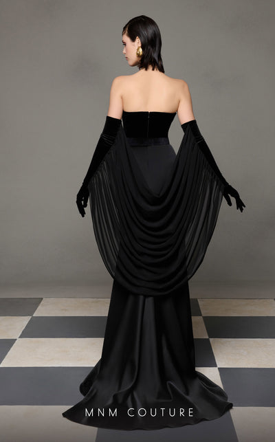 MNM Couture N0634 black, olive, and burgundy velvet gown with pleated waistline, gloves, and flowing cape. | Couture Shop LA