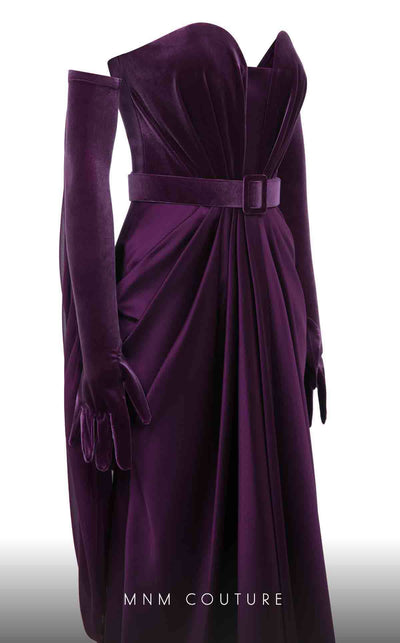 MNM Couture N0634 black, olive, and burgundy velvet gown with pleated waistline, gloves, and flowing cape. | Couture Shop LA