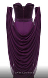 MNM Couture N0634 black, olive, and burgundy velvet gown with pleated waistline, gloves, and flowing cape. | Couture Shop LA