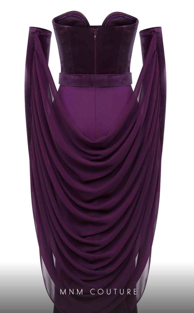 MNM Couture N0634 black, olive, and burgundy velvet gown with pleated waistline, gloves, and flowing cape. | Couture Shop LA