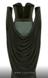 MNM Couture N0634 black, olive, and burgundy velvet gown with pleated waistline, gloves, and flowing cape. | Couture Shop LA