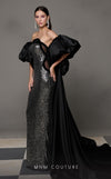 MNM Couture Style N0635 gown featuring intricate sequin detailing, removable cape sleeves, and a majestic straight neckline. / Couture Shop LA