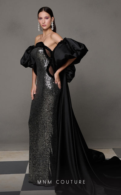 MNM Couture Style N0635 gown featuring intricate sequin detailing, removable cape sleeves, and a majestic straight neckline. / Couture Shop LA