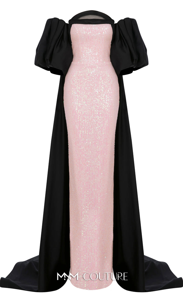MNM Couture Style N0635 gown featuring intricate sequin detailing, removable cape sleeves, and a majestic straight neckline. / Couture Shop LA