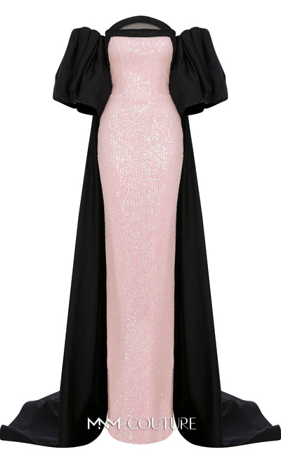 MNM Couture Style N0635 gown featuring intricate sequin detailing, removable cape sleeves, and a majestic straight neckline. / Couture Shop LA