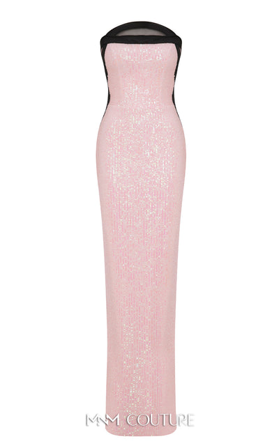 MNM Couture Style N0635 gown featuring intricate sequin detailing, removable cape sleeves, and a majestic straight neckline. / Couture Shop LA