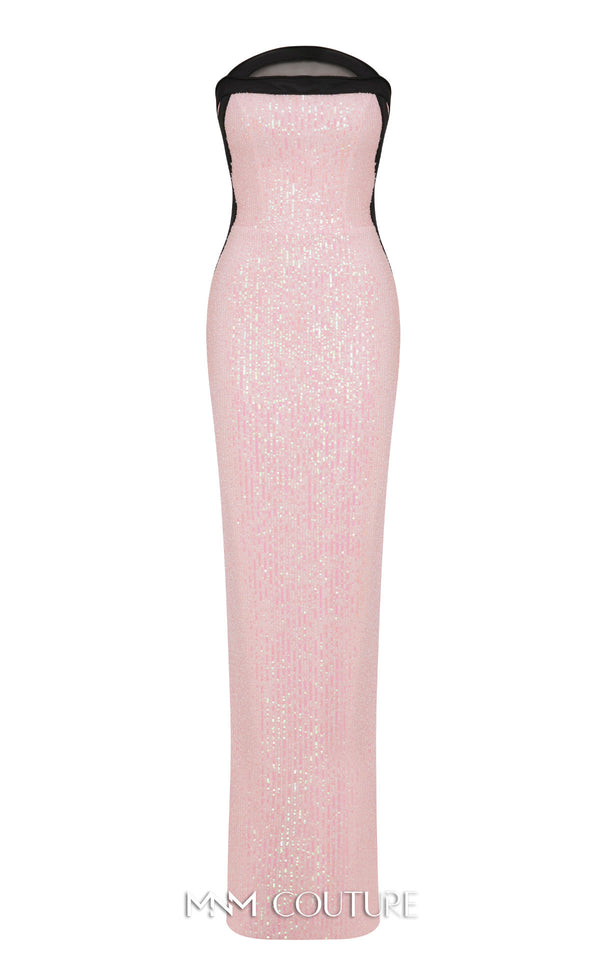 MNM Couture Style N0635 gown featuring intricate sequin detailing, removable cape sleeves, and a majestic straight neckline. / Couture Shop LA